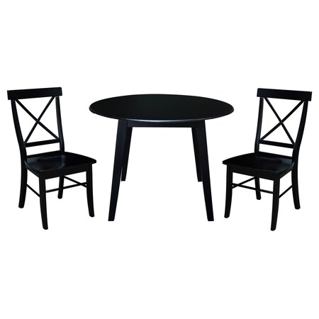 International Concepts 42 in. Solid Wood Round Dual Drop Leaf Dining Table with 2 Chairs in Black K46-42DL-C613-2